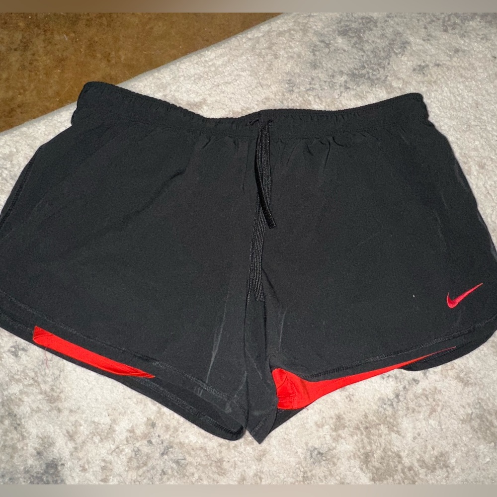 Women’s Nike Running Dri-Fit Shorts with shorts underneath, Black/Red,Size Large